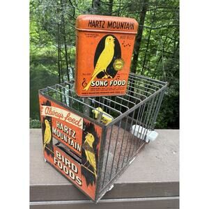Vtg 1950’s Hartz Mountain Bird Foods Advertising Metal Bird Cage & Accessories ￼